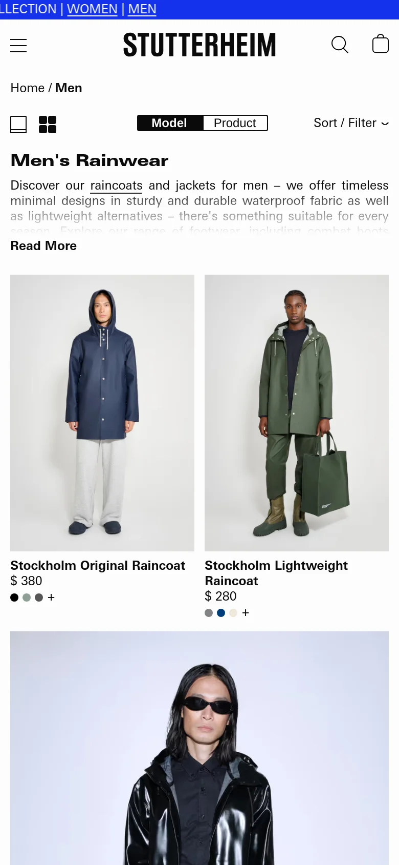 The mobile version presents a simplified vertical layout with a condensed header containing a hamburger menu, search, and shopping bag icons. The product grid shifts to a single or double column view, and the 'Sort / Filter' functionality is consolidated into a single dropdown menu to save space on the smaller screen.