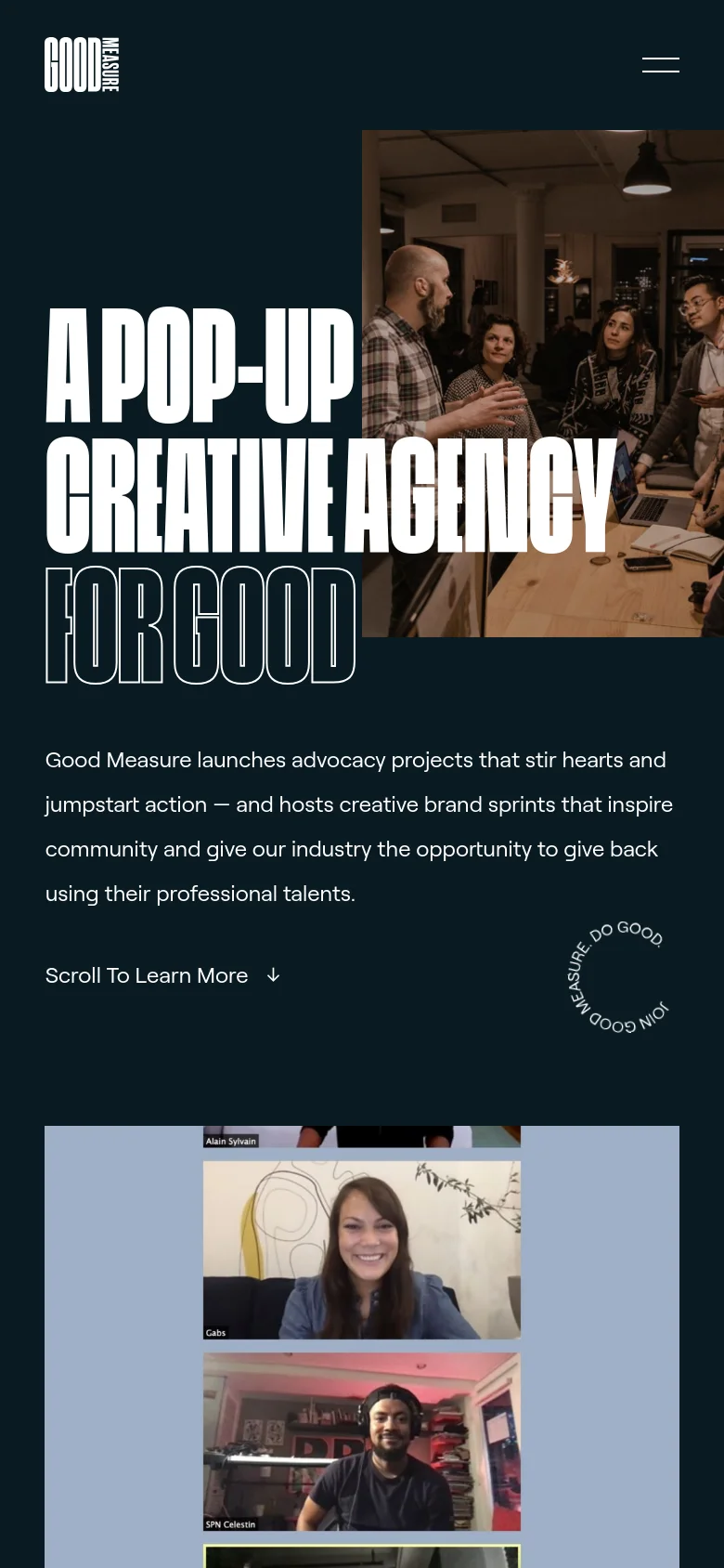 The mobile version presents a vertically stacked layout with the same dark navy theme and bold white text. The hero image is positioned below the headline and navigation, and the text is centered to fit the narrower screen width, maintaining a clean and minimalist aesthetic.
