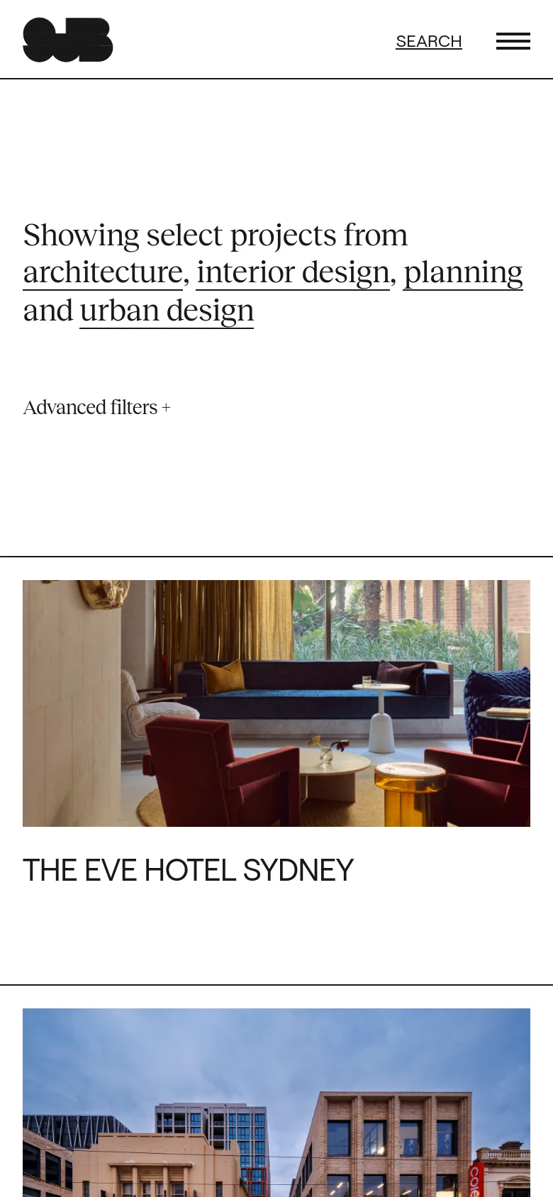 The mobile version maintains the clean white aesthetic but uses a condensed layout. The top navigation is replaced by a hamburger menu and a search link, while the project filtering and introductory text are stacked vertically. The project gallery transitions into a single-column vertical scroll of large images and text blocks.