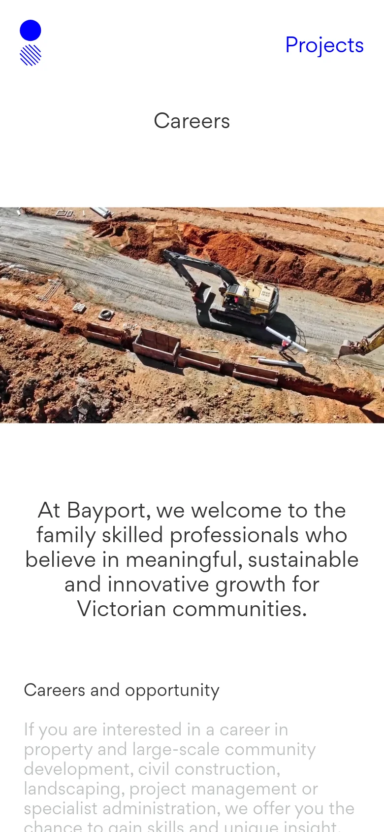 The mobile version maintains the minimalist aesthetic with the 'Careers' headline and large construction hero image centered. The layout is vertically stacked, placing the text content directly below the image for easy scrolling on a smaller screen. The top navigation is simplified, showing the logo and a 'Projects' link.
