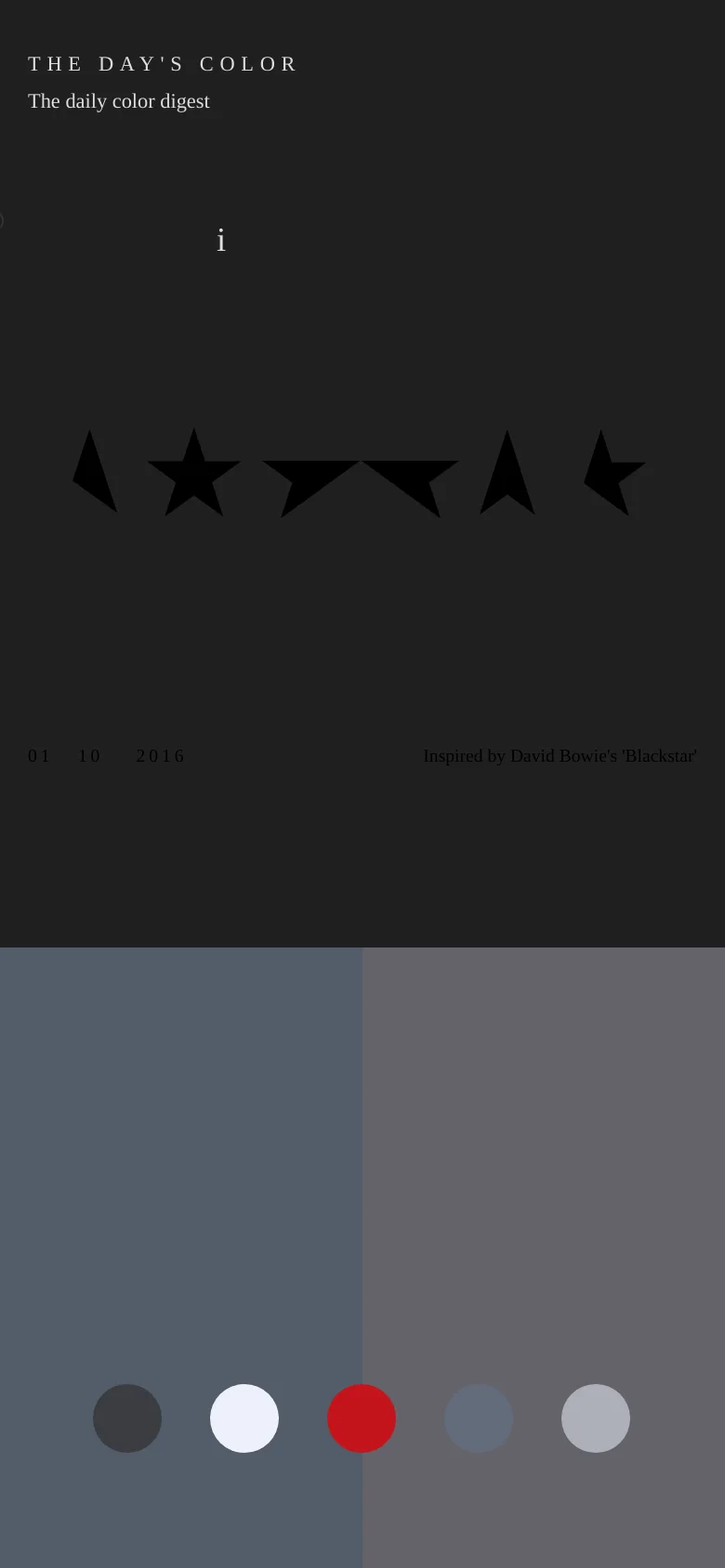 The mobile version maintains the minimalist dark aesthetic with the star graphic and text centered vertically. The layout is more compact, focusing the user's attention on the central star icons and the color palette circles at the bottom.