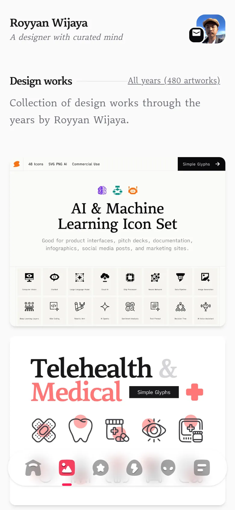 The mobile version features a vertically stacked layout with the header, profile photo, and 'Design works' title at the top. The project thumbnails are arranged in a single column for easier scrolling. A floating bottom navigation bar with various icons is centered at the bottom of the screen.