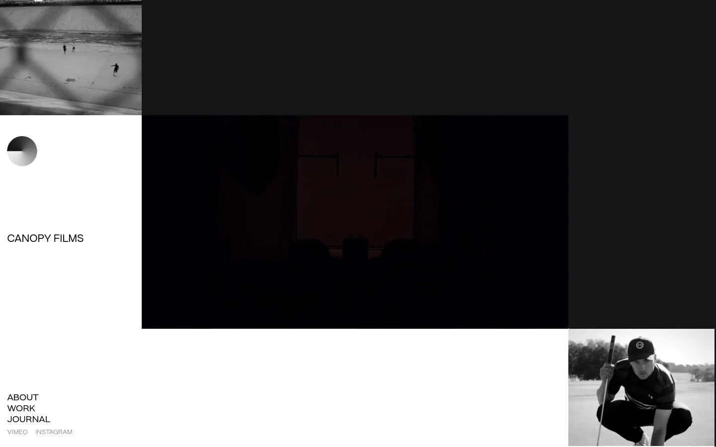 The desktop homepage for Canopy Films features a minimalist design with a large, cinematic black and white video background. A white sidebar on the left contains the company name, navigation links for About, Work, and Journal, and social media links. A prominent 'VIEW PROJECT' call to action overlays the video content.