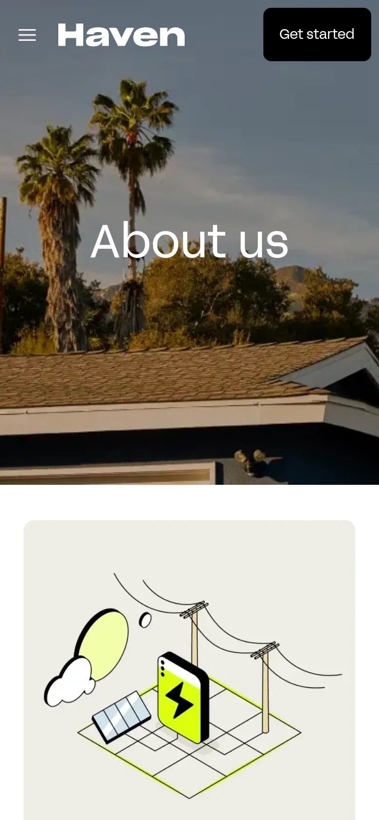 The mobile version presents a vertically stacked layout starting with a hero image of a neighborhood and the 'About us' headline. The navigation is condensed into a hamburger menu icon, and the content follows a single-column format with large illustrations and text sections. The 'Get started' call to action remains prominent at the top of the screen.