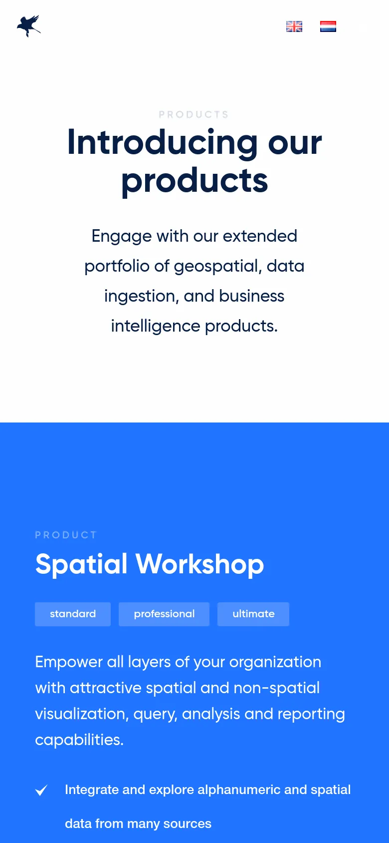 The mobile version presents a vertically stacked layout, starting with a centered hero section containing the 'Introducing our products' text on a white background. The blue product section follows, with the 'Spatial Workshop' heading and tier buttons arranged vertically to fit the narrow screen. The top navigation is simplified, focusing on the brand logo and essential menu items.