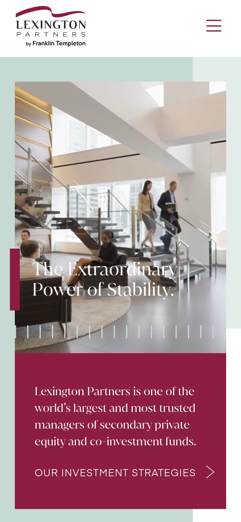 The mobile version presents a vertically stacked layout, starting with the company logo and a hamburger menu icon. The hero section features the same office imagery and headline, but the maroon informational box and 'Our Investment Strategies' call to action are moved below the image to fit the narrow screen.