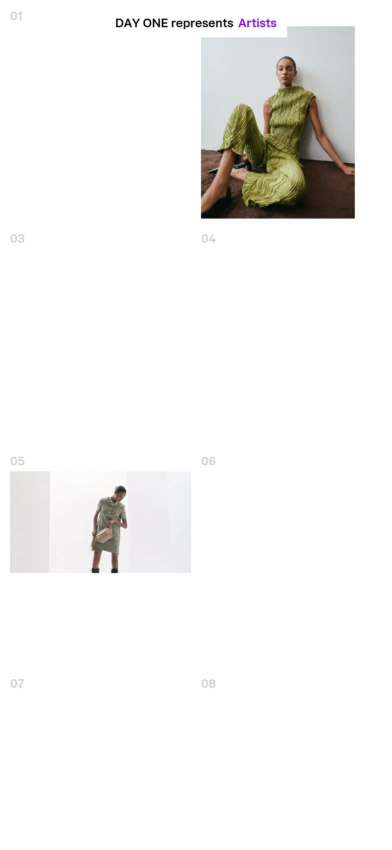 The mobile version presents a simplified, vertically stacked view of the calendar and editorial imagery. The layout prioritizes large, full-width fashion photographs that correspond to specific dates, maintaining the minimalist aesthetic with a white background and dark text.