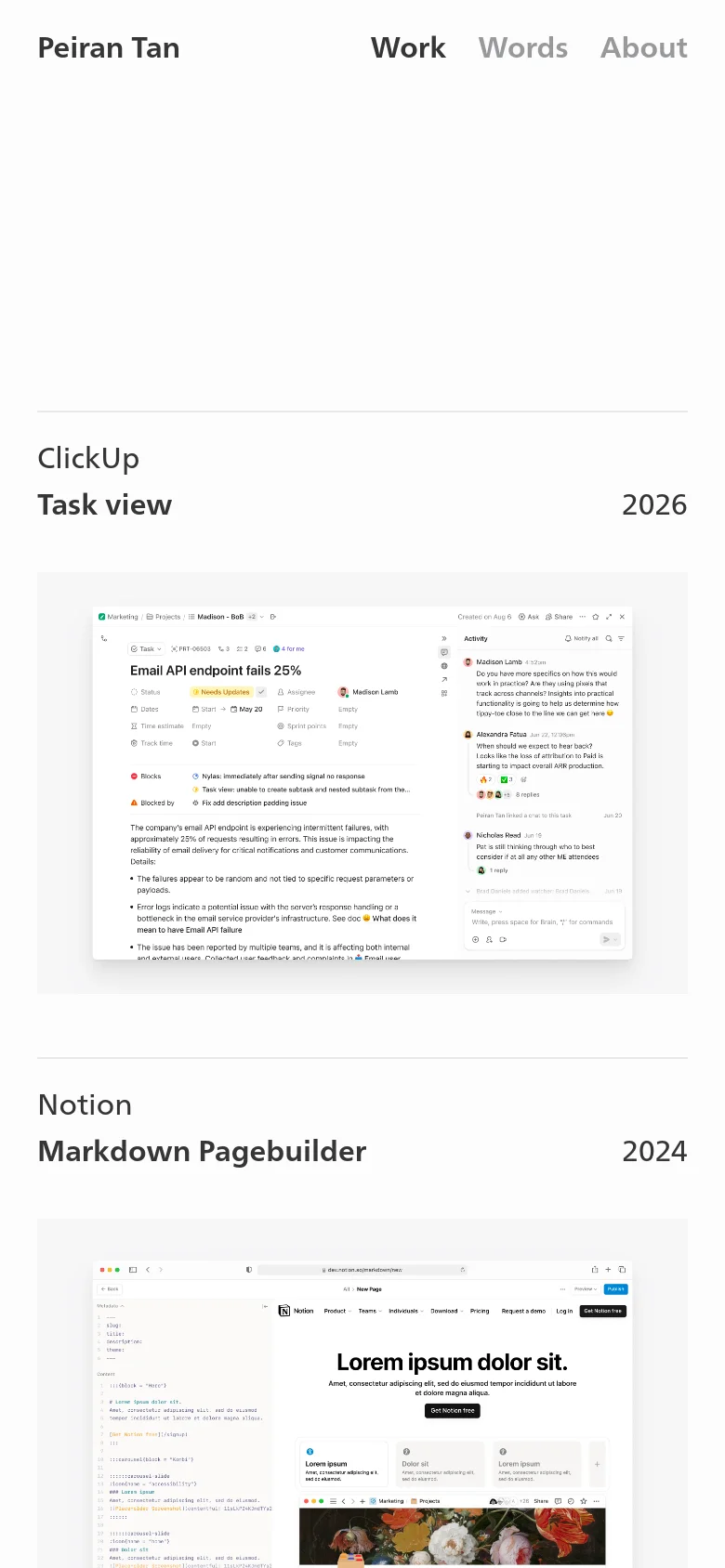 The mobile version maintains the minimalist white aesthetic but stacks the content vertically for easier scrolling. The navigation links are condensed, and the project sections feature large preview images positioned above or below the project titles and descriptions to fit the narrow screen width.
