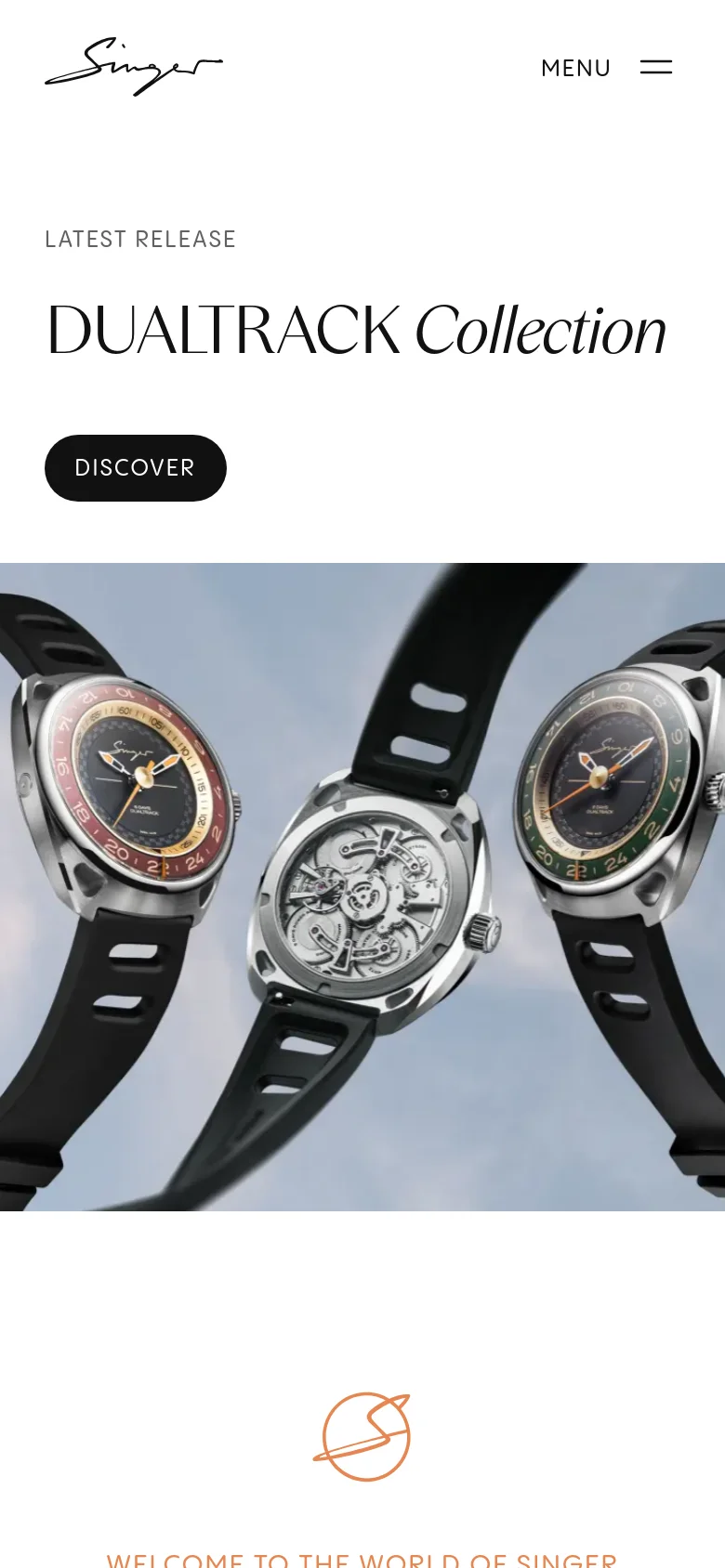 The mobile version simplifies the layout with a centered Singer logo and a hamburger menu icon. The hero section maintains the 'DUALTRACK Collection' headline and 'DISCOVER' button, but the text and button are stacked vertically above the large watch imagery to fit the narrow screen.
