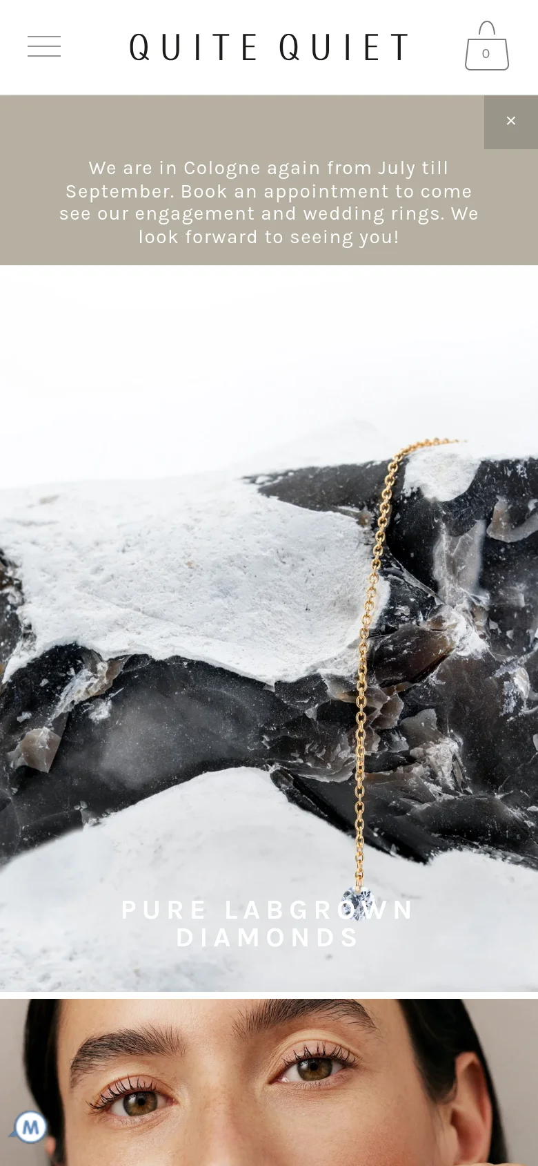 The mobile version presents a vertically stacked layout, starting with a hamburger menu and the brand logo at the top. Below, a tan announcement bar spans the width, followed by a full-width hero image of a gold chain on a dark rock with the text 'PURE LABGROWN DIAMONDS' overlaid. The split-screen desktop view is replaced by a single-column scrolling experience.
