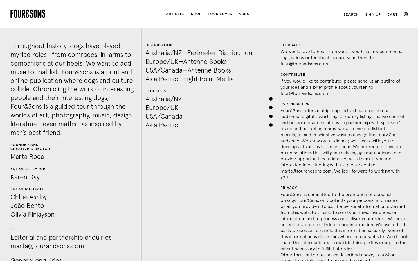 The desktop About page features a minimalist design with a white background and black serif typography. The layout is organized into three columns: the left column contains the publication's mission statement and editorial team names, the middle column lists distribution partners and stockists, and the right column contains feedback, contribution, and privacy information. A top navigation bar includes links for Articles, Shop, Four Loves, and About.