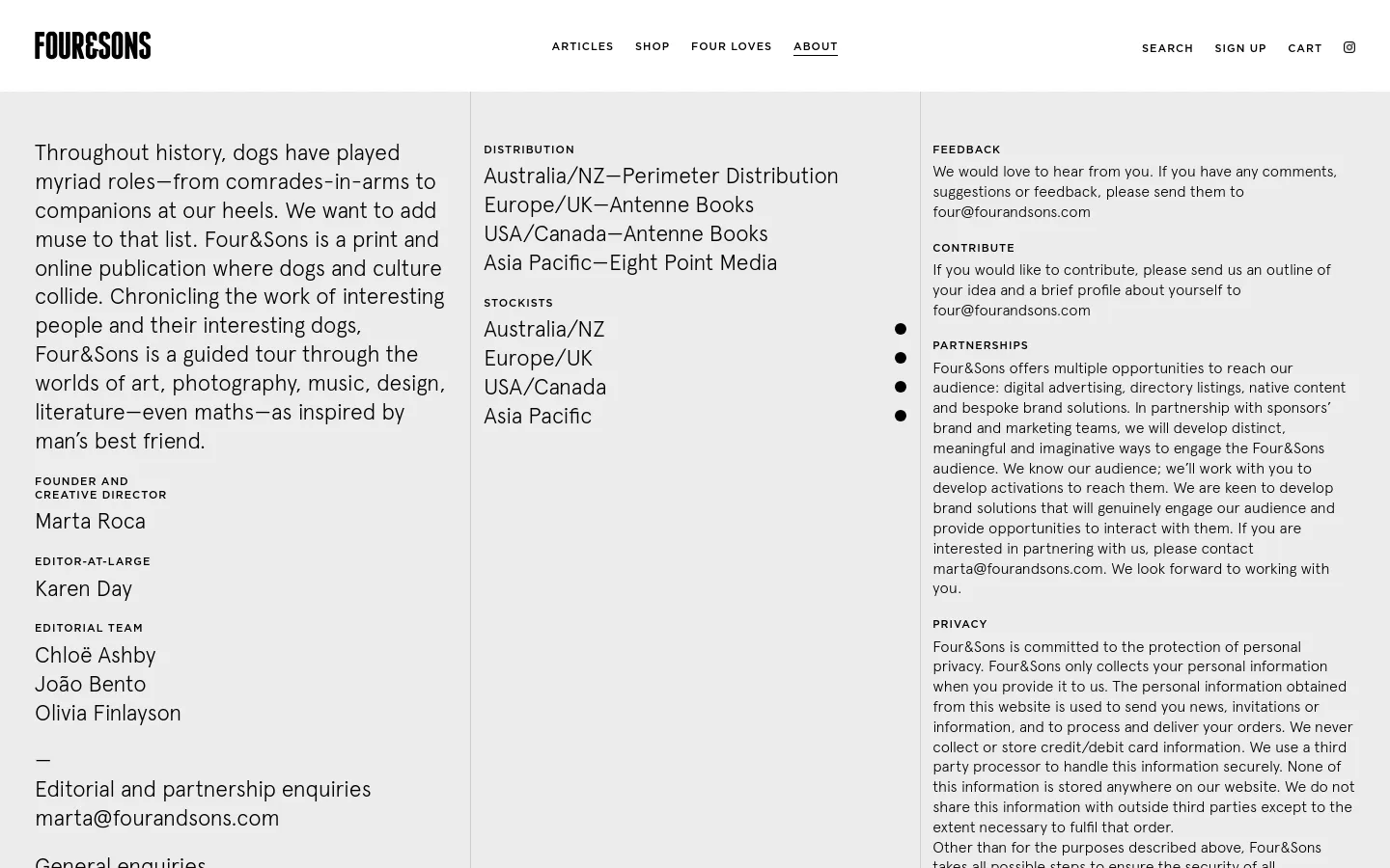 The desktop About page features a minimalist design with a white background and black serif typography. The layout is organized into three columns: the left column contains the publication's mission statement and editorial team names, the middle column lists distribution partners and stockists, and the right column contains feedback, contribution, and privacy information. A top navigation bar includes links for Articles, Shop, Four Loves, and About.