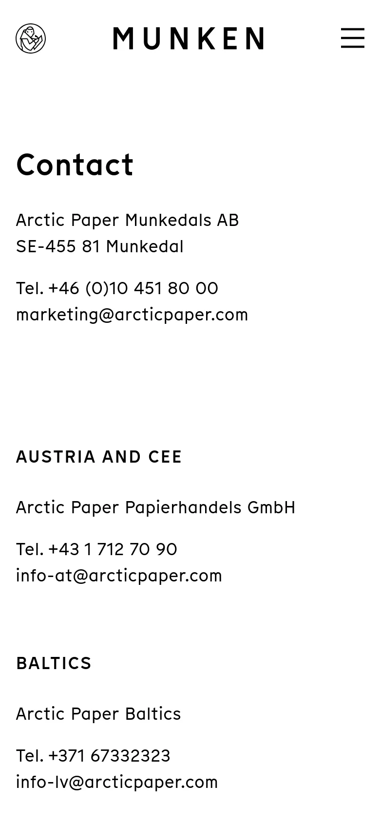 The mobile version maintains the minimalist white and black aesthetic but shifts to a single-column vertical layout. The header remains consistent with the logo and menu, while the contact information and regional office lists are stacked vertically for easier scrolling on a smaller screen.