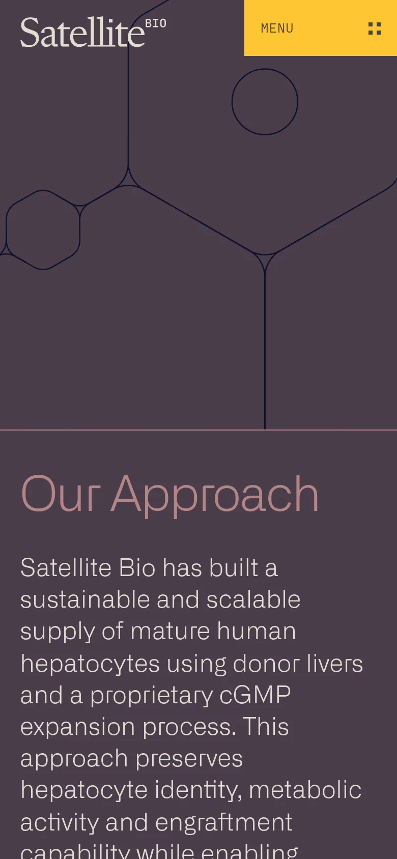The mobile version maintains the dark purple theme and geometric line art but uses a more compact layout. The 'Menu' button is prominently displayed as a large yellow rectangular call-to-action at the top right, and the text is scaled to fit the narrower screen width.