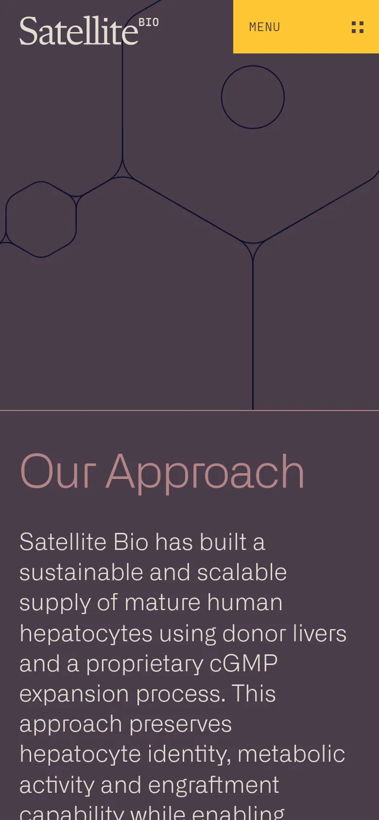 The mobile version maintains the dark purple theme and geometric line art but uses a more compact layout. The 'Menu' button is prominently displayed as a large yellow rectangular call-to-action at the top right, and the text is scaled to fit the narrower screen width.