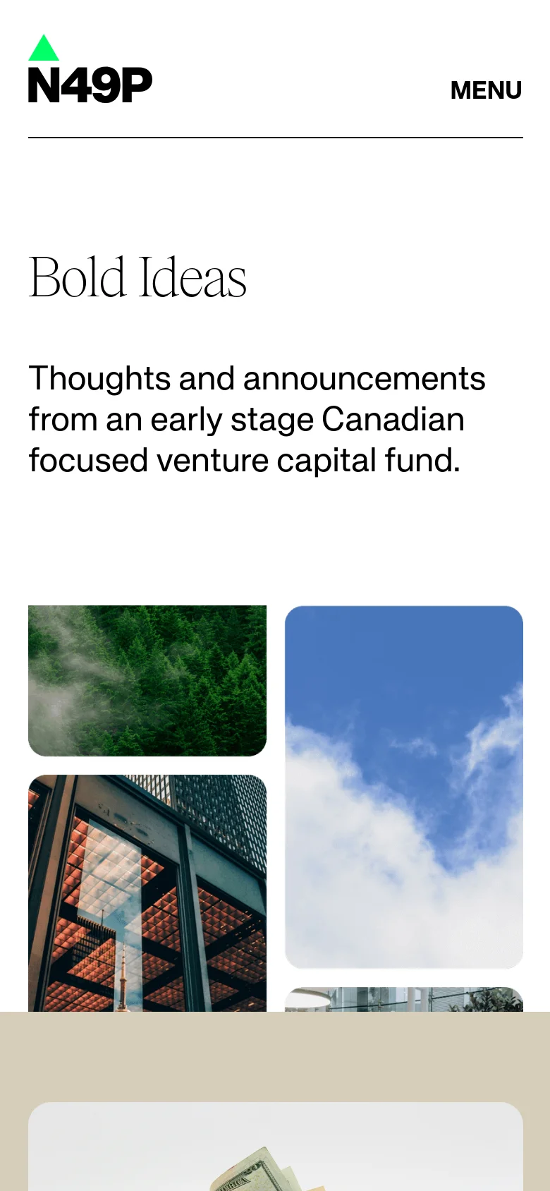 The mobile version simplifies the layout, replacing the horizontal navigation bar with a 'MENU' text link. The 'Bold Ideas' headline and introductory text are stacked vertically at the top, followed by a single-column arrangement of large, colorful images and blog post content that fills the width of the screen.