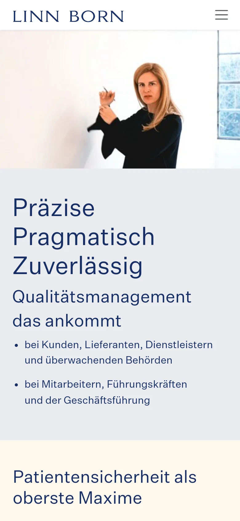 The mobile version simplifies the layout into a single column, replacing the top navigation menu with a hamburger icon. The hero image and large blue text 'Präzise Pragmatisch Zuverlässig' are stacked vertically, ensuring readability on a smaller screen while maintaining the professional aesthetic.