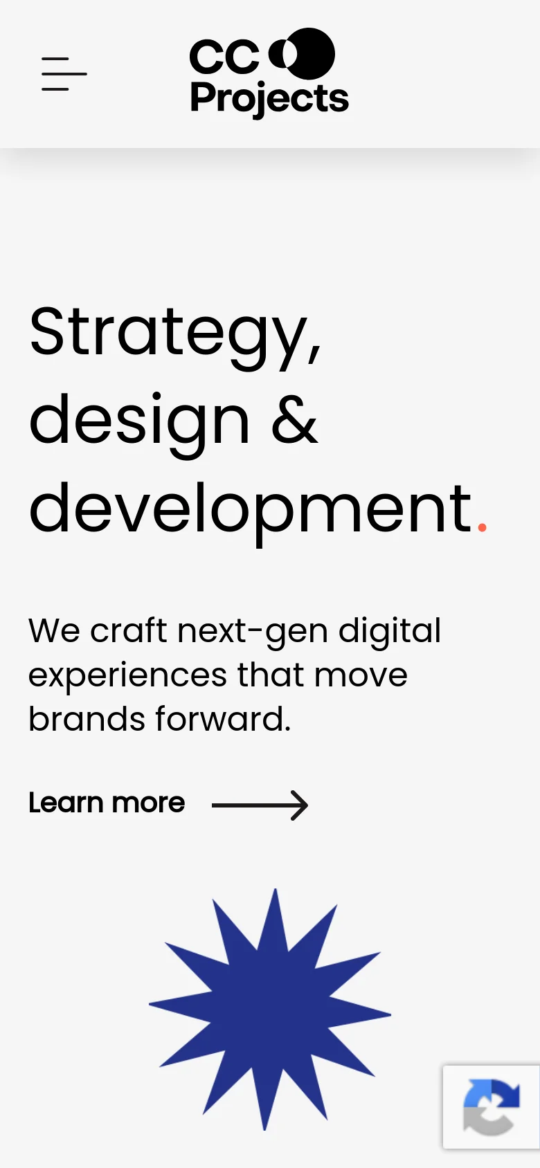 The mobile version presents a simplified vertical layout with a hamburger menu icon and the CC Projects logo at the top. The hero section features the same large 'Strategy, design & development' headline, descriptive text, and 'Learn more' link, with the blue starburst graphic positioned below the text content.