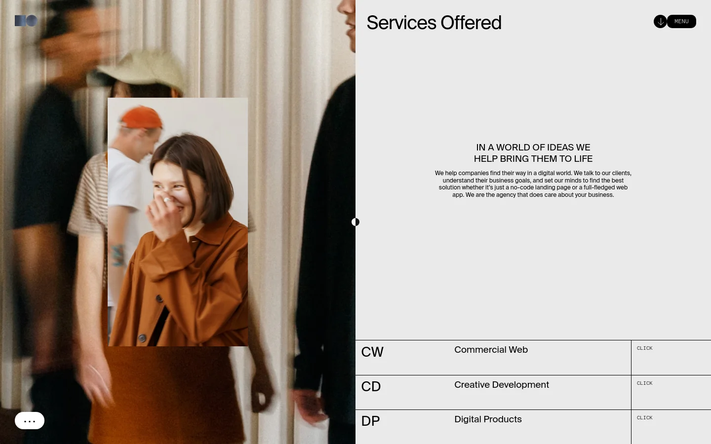 The desktop Services page features a split-screen layout with a large lifestyle photograph on the left and a clean, light gray content area on the right. The right side contains the headline 'Services Offered' and a sub-headline 'IN A WORLD OF IDEAS WE HELP BRING THEM TO LIFE' followed by introductory text. Below this, a structured list displays service categories like 'Commercial Web' with corresponding 'CLICK' call-to-action buttons.
