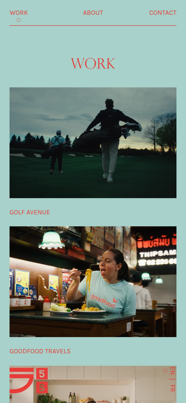 The mobile version maintains the teal color scheme but transitions to a single-column vertical layout. The navigation and filter options are condensed, and project images are stacked vertically to fit the narrower screen width.