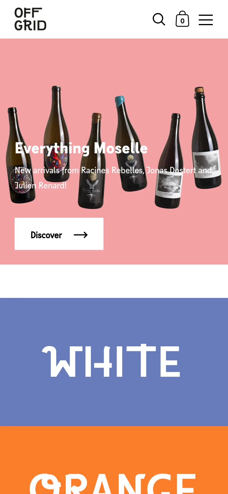 The mobile version presents a vertically stacked layout starting with the 'Everything Moselle' hero section featuring wine bottles on a pink background. The category navigation follows, showing large, full-width colored blocks for 'White' and 'Orange' wine types. A top navigation bar includes the brand logo, a search icon, a shopping bag icon, and a hamburger menu icon.