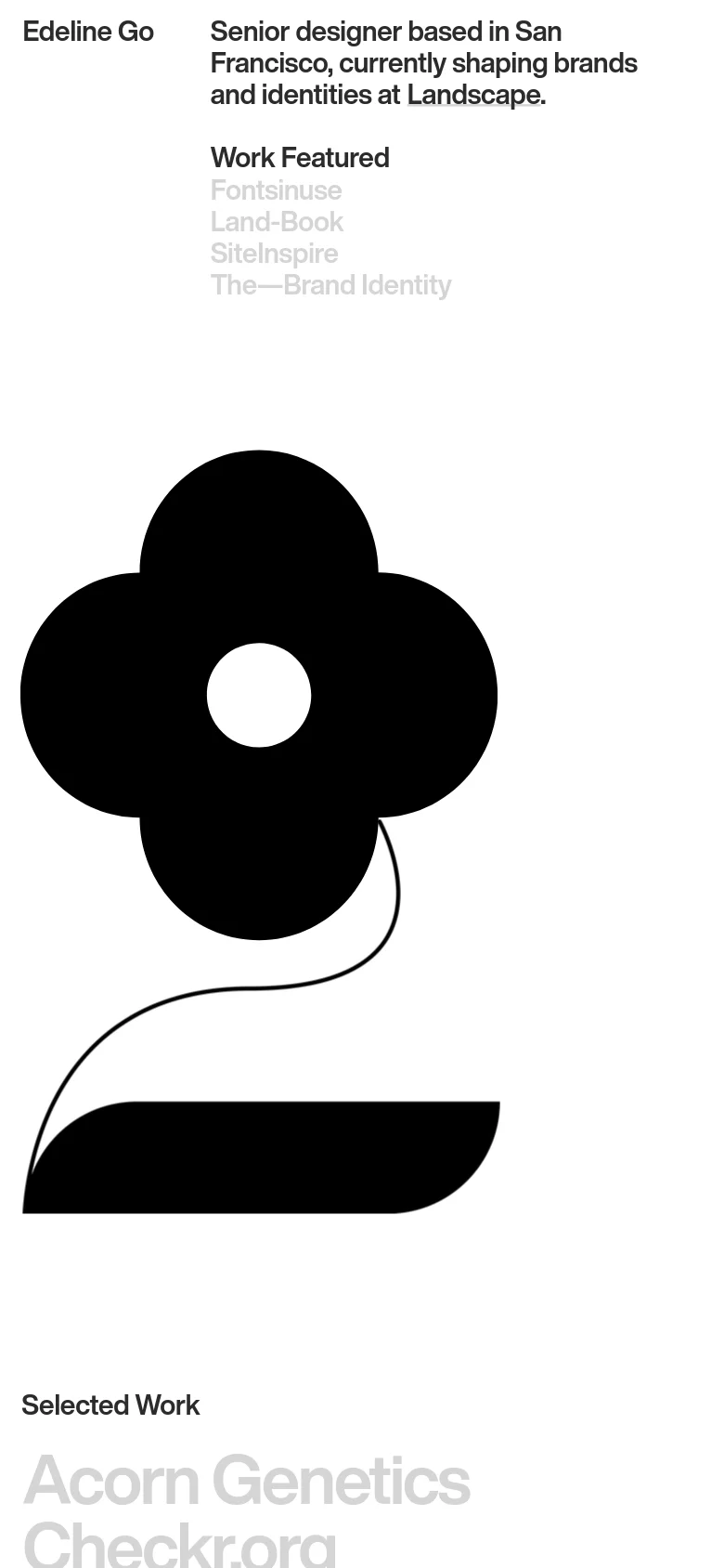 The mobile version maintains the minimalist aesthetic with a single-column layout. The large black flower graphic dominates the upper screen, followed by text sections for the designer's bio, featured work, and a vertical list of selected projects.