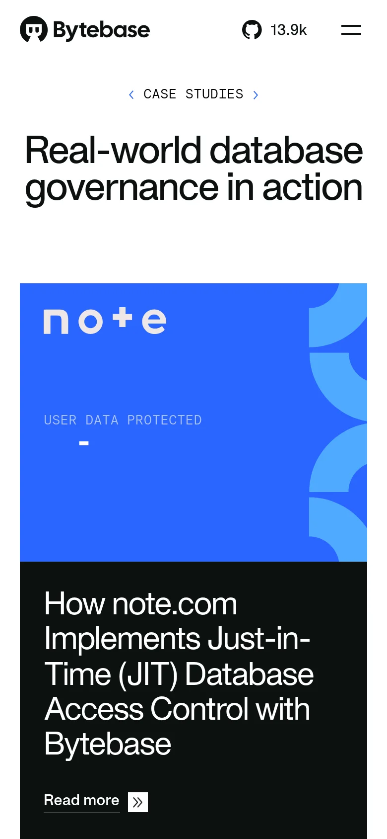 The mobile version presents a vertically stacked layout optimized for small screens, starting with a breadcrumb navigation and the main headline. The hero section features the blue note.com graphic above a dark block containing the case study text and a 'Read more' button. The content is simplified into a single-column view to ensure readability on mobile devices.