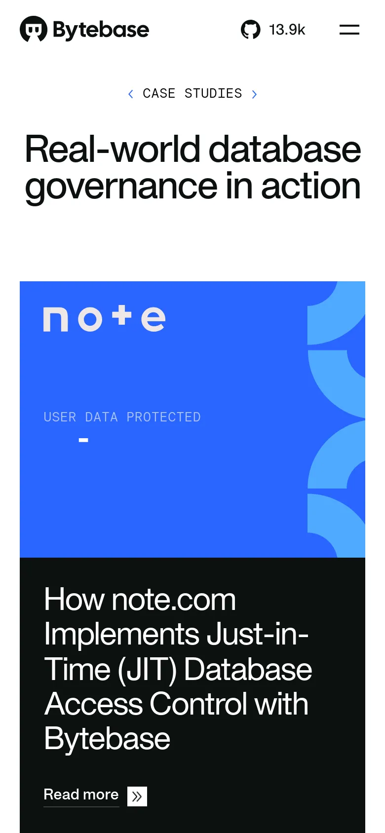 The mobile version presents a vertically stacked layout optimized for small screens, starting with a breadcrumb navigation and the main headline. The hero section features the blue note.com graphic above a dark block containing the case study text and a 'Read more' button. The content is simplified into a single-column view to ensure readability on mobile devices.