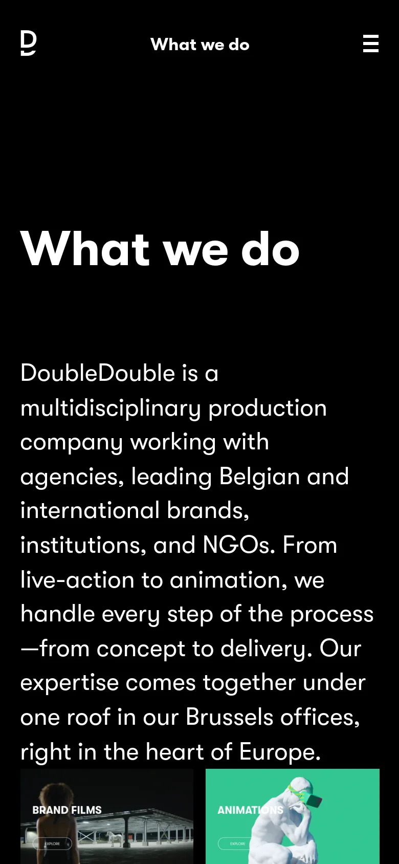 The mobile version maintains the black background and white text but uses a vertical layout. The 'What we do' headline and introductory text are stacked centrally, followed by service tiles that appear smaller and more condensed to fit the narrow screen width. The top navigation is replaced by a hamburger menu icon next to the 'What we do' title.