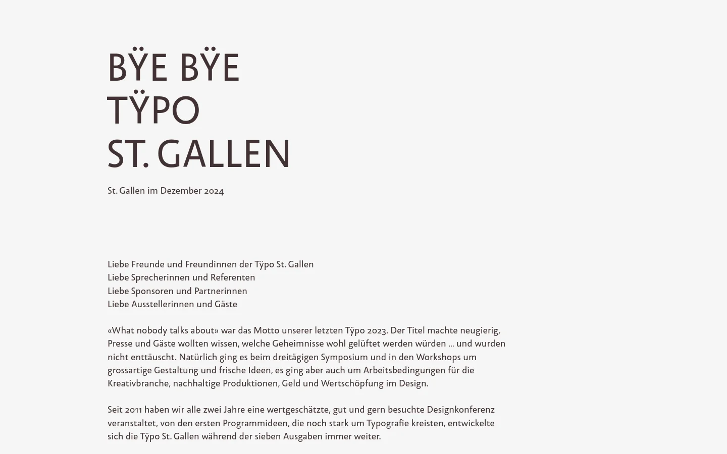 The desktop homepage features a minimalist design with a light beige background and dark gray typography. A large, bold headline reads 'BŸE BŸE TŸPO ST. GALLEN' followed by 'St. Gallen im Dezember 2024', with several paragraphs of text below detailing the history and conclusion of the event.
