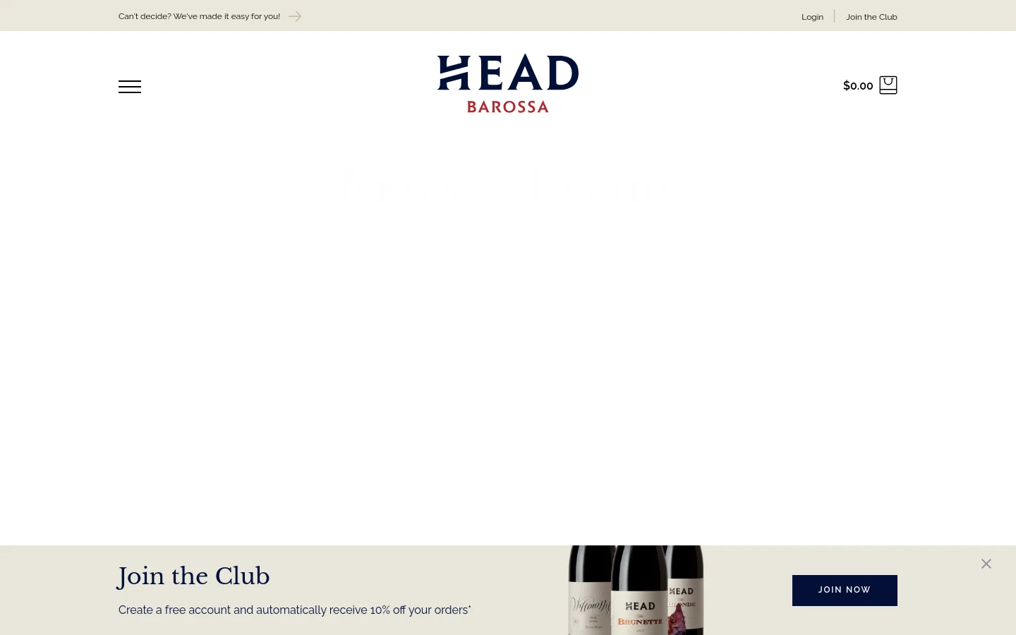The desktop News & Events page features a clean, minimalist layout with a white background and black serif typography. A large hero image shows two men smiling and holding an award, positioned above the headline 'Best Winery Website 2025!'. The header includes the Head Barossa logo, a navigation menu, and a shopping bag icon, while a footer banner invites users to 'Join the Club' with a dark blue call-to-action button.