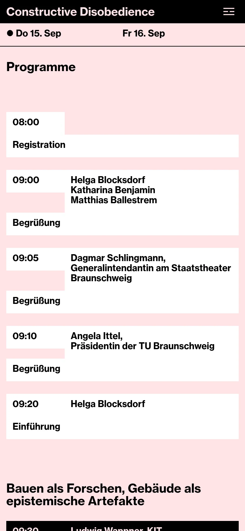 The mobile version maintains the pink and black color scheme but uses a simplified vertical layout. The top navigation is replaced by a hamburger menu icon, and the programme entries are stacked vertically to fit the narrower screen width, ensuring readability of the schedule and speaker details.