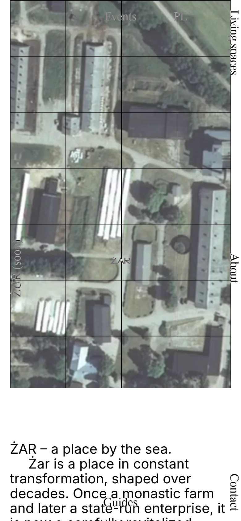 The mobile version presents a vertically stacked layout where the aerial image and grid are scaled to fit the narrow screen. The text content is positioned below the imagery, and navigation links are condensed to accommodate the smaller viewport.