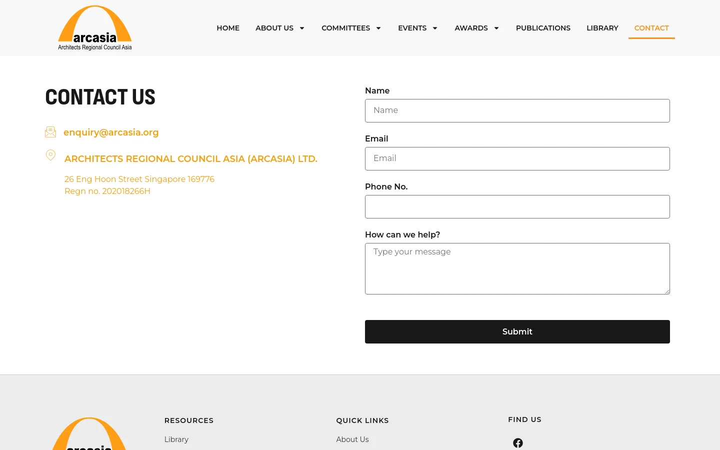ARCASIA Contact desktop website screenshot