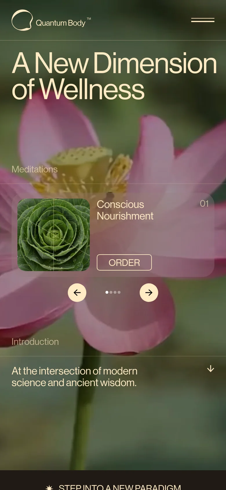 The mobile version uses a vertically stacked layout with the large headline 'A New Dimension of Wellness' overlaid on a vibrant, close-up image of a pink lotus flower. The 'Conscious Nourishment' product card and navigation arrows are centered, and the bottom section features a text introduction over a blurred green background. The top navigation is condensed into a hamburger menu icon.