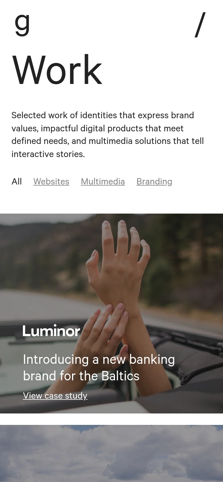 The mobile version maintains the minimalist white theme but stacks elements vertically for readability. The 'Work' headline and description appear at the top, followed by a horizontally scrollable or wrapped filter menu for project categories. The large hero image spans the full width of the screen below the text.