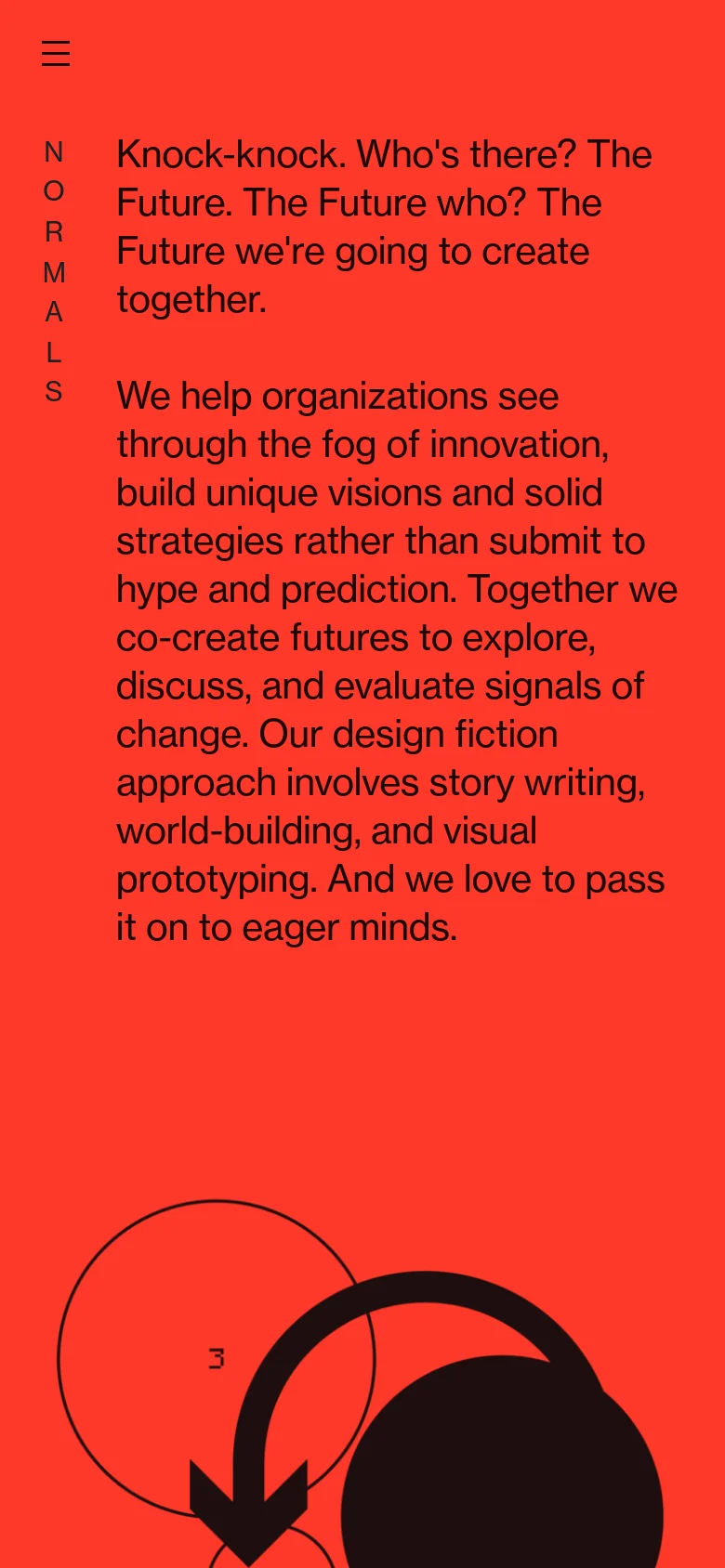 The mobile version uses a bright red background with black text, optimized for a vertical scroll. The navigation is condensed into a hamburger menu icon on the left, while the large introductory text is stacked vertically for readability on a smaller screen.