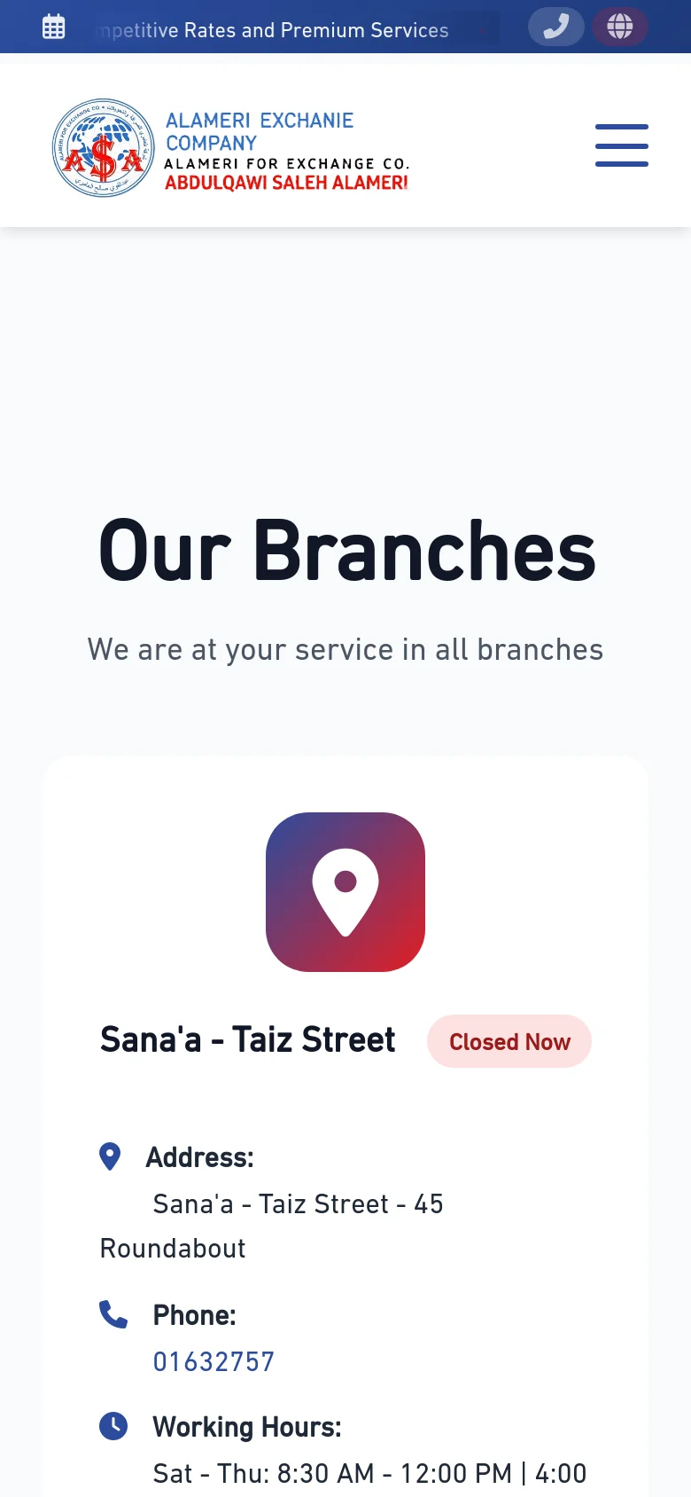 The mobile version shows a simplified layout with a centered logo and a hamburger menu icon in the header. The 'Our Branches' content is stacked vertically in a single column, displaying large branch cards with red location icons and contact details optimized for vertical scrolling.