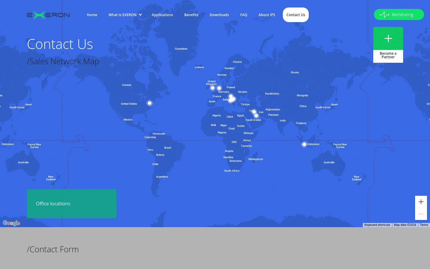 The desktop page features a large blue world map as a hero background with the headline 'Contact Us / Sales Network Map' and white text. A navigation bar at the top includes links like 'Home' and 'Applications', while a green 'Become a Partner' button sits on the right. Below the map, a section titled 'Office locations' is followed by a 'Contact Form' with input fields for Name, Email, Country, and Company.