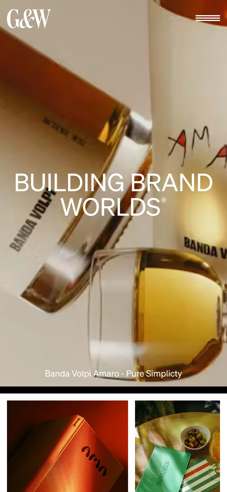 The mobile version uses a vertical layout with a full-screen hero image featuring the text 'BUILDING BRAND WORLDS®' over a close-up of a product. The navigation is condensed into a hamburger menu icon at the top right, and project images are stacked vertically for easy scrolling.
