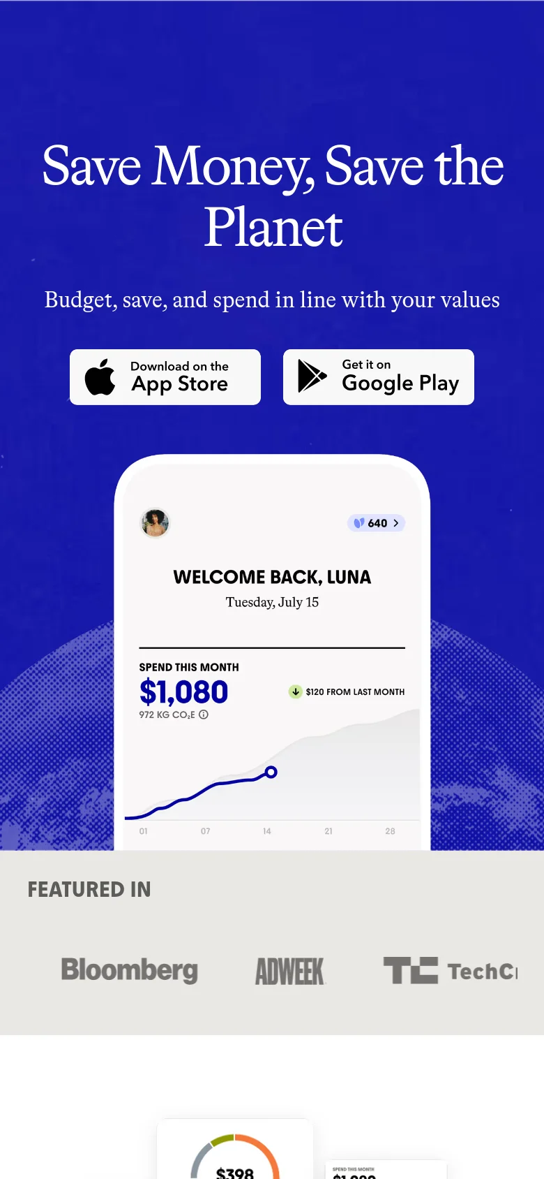 The mobile version presents a vertically stacked layout on a blue background, centered around the 'Save Money, Save the Planet' headline. The App Store and Google Play buttons are prominently displayed above a large smartphone mockup showing a spending tracker. The bottom of the page includes a 'FEATURED IN' section with logos for Bloomberg, Adweek, and TechCrunch.