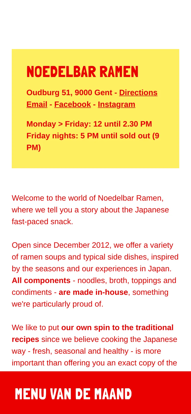 The mobile version presents a vertically stacked layout where the yellow information block appears first, followed by the restaurant's introductory text in red font. The large lifestyle image is positioned below the text, and the red 'Menu van de maand' section spans the bottom of the screen.