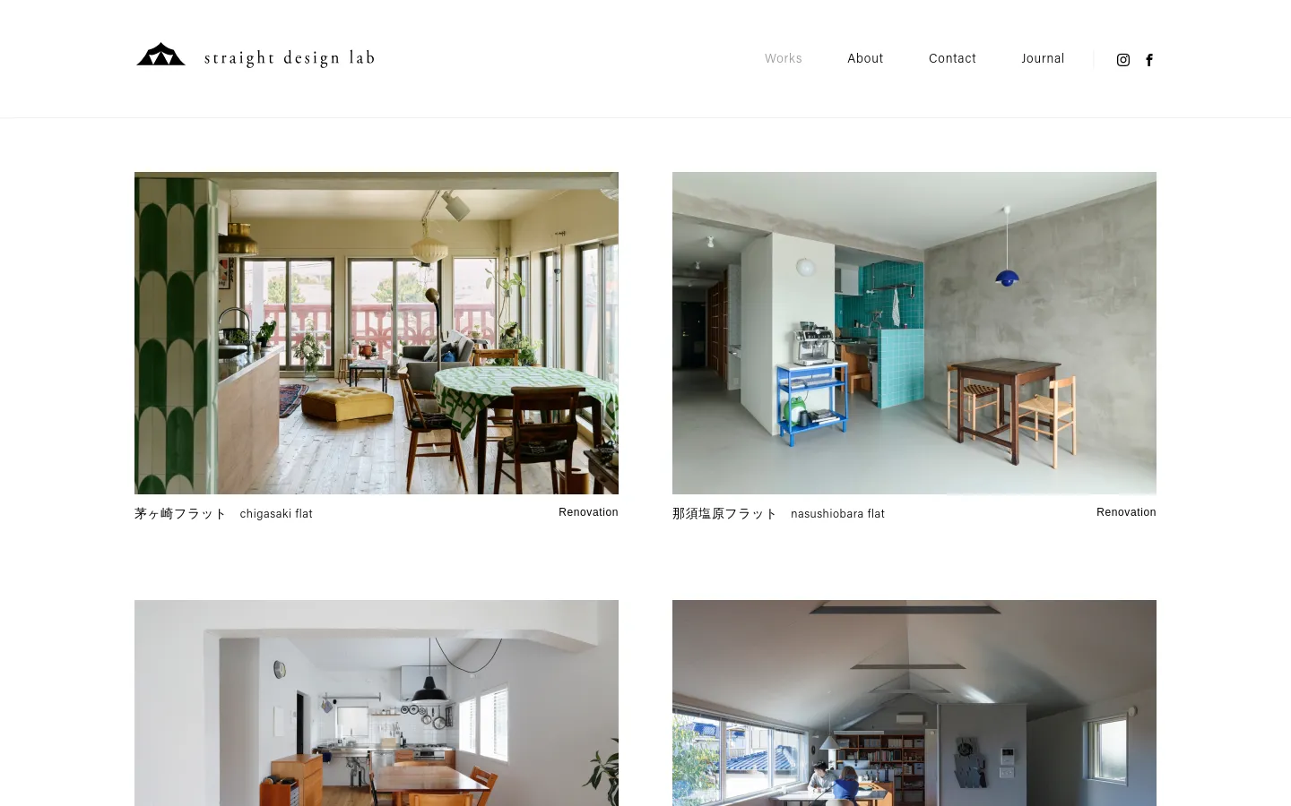 The Works page features a minimalist white header with the 'straight design lab' logo and navigation links for Works, About, Contact, and Journal. Below, a grid of large architectural project photos showcases various interior renovations, each accompanied by a title in Japanese and English and a category label. The layout is clean with ample white space and a focus on high-quality imagery.