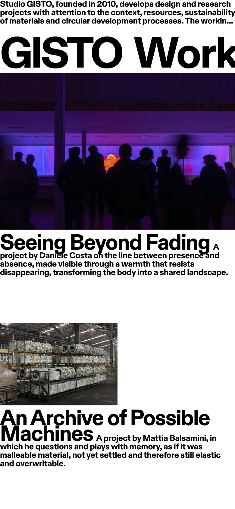 The mobile version maintains the minimalist aesthetic but transitions to a single-column vertical stack. The hero image and large typography are scaled down, and the project entries follow a continuous vertical scroll where images and text occupy the full width of the screen.