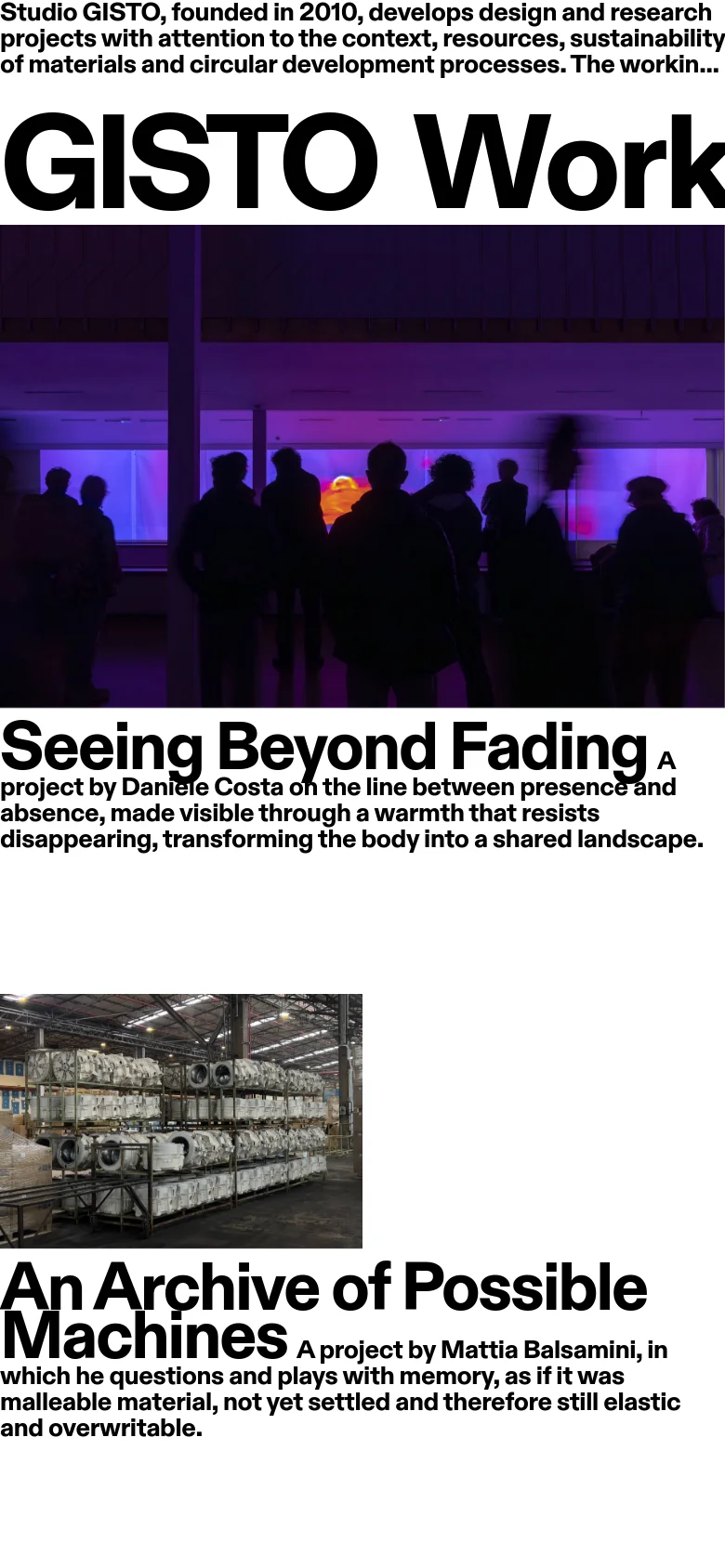 The mobile version maintains the minimalist aesthetic but transitions to a single-column vertical stack. The hero image and large typography are scaled down, and the project entries follow a continuous vertical scroll where images and text occupy the full width of the screen.
