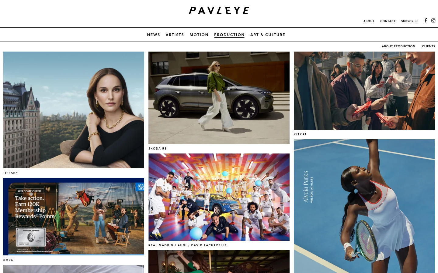 The Production page features a clean, minimalist white layout with a grid of large, high-quality project photography. Each image is accompanied by a text label below it, showcasing clients like Tiffany, Skoda RS, and KitKat. The desktop navigation includes links for News, Artists, Motion, Production, and Art & Culture at the top.