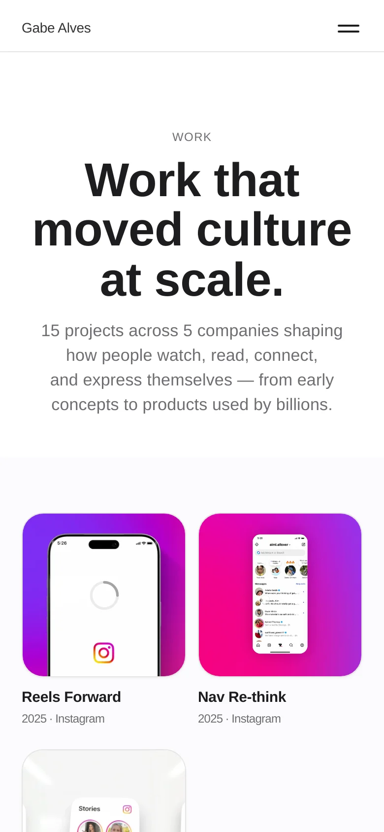 The mobile version maintains the clean white aesthetic and centered typography, but the layout shifts to a single-column vertical stack. The large hero headline and description are followed by project cards that span the width of the screen, showing mobile UI mockups and project details in a vertical list.