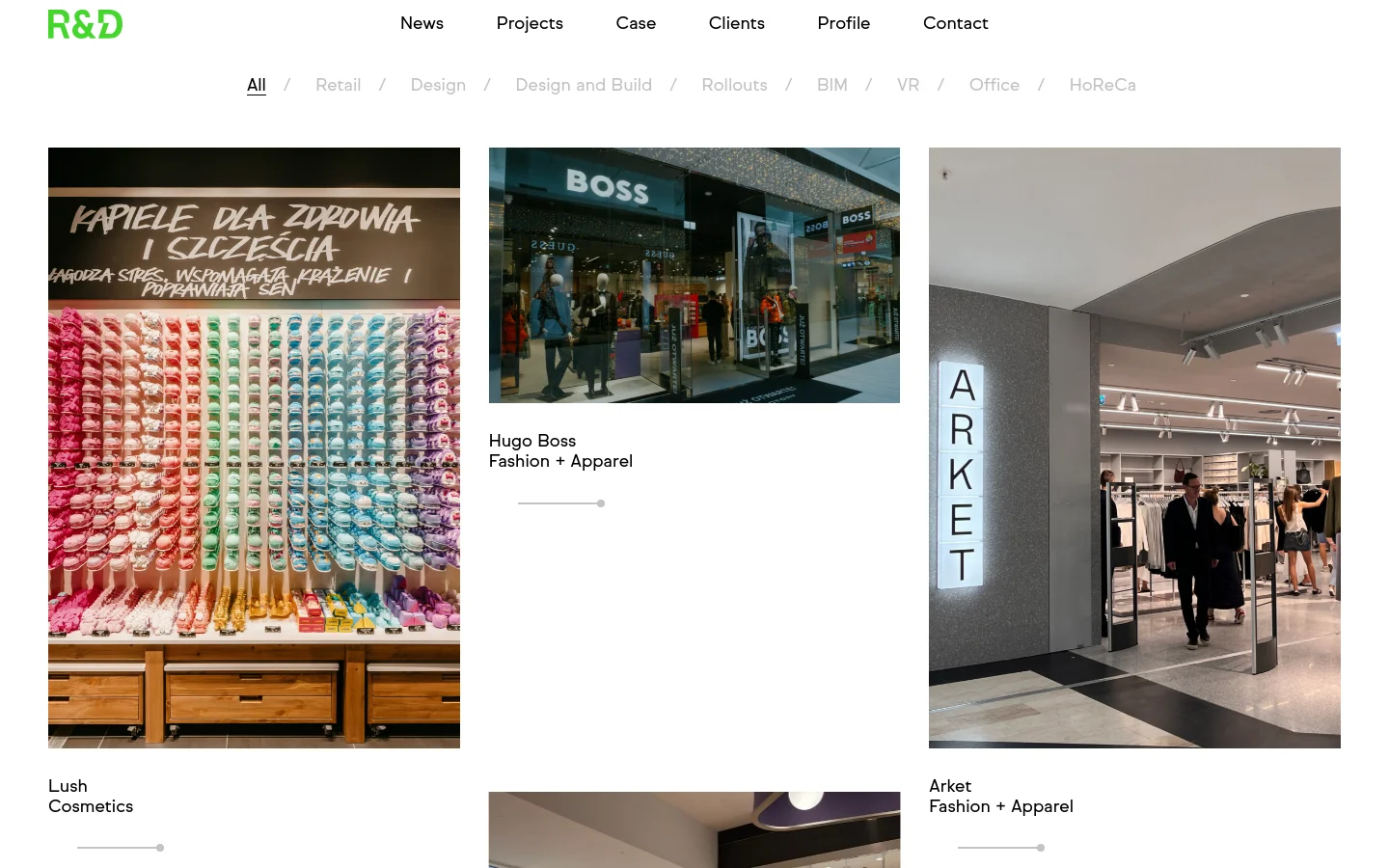 The Projects page features a minimalist white layout with a top navigation menu and a horizontal category filter including Retail, Design, and BIM. A masonry-style grid displays large project images for brands like Lush, Hugo Boss, and Arket, each accompanied by a title and category label. The design uses clean typography and ample white space to highlight high-quality architectural and retail photography.