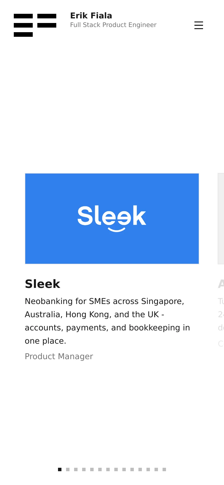 The mobile version maintains the minimalist white aesthetic but uses a vertical stack for the header, featuring a hamburger menu icon on the left and the name and title centered. The project carousel is scaled down to fit the narrower screen, with navigation dots visible at the bottom of the viewport.