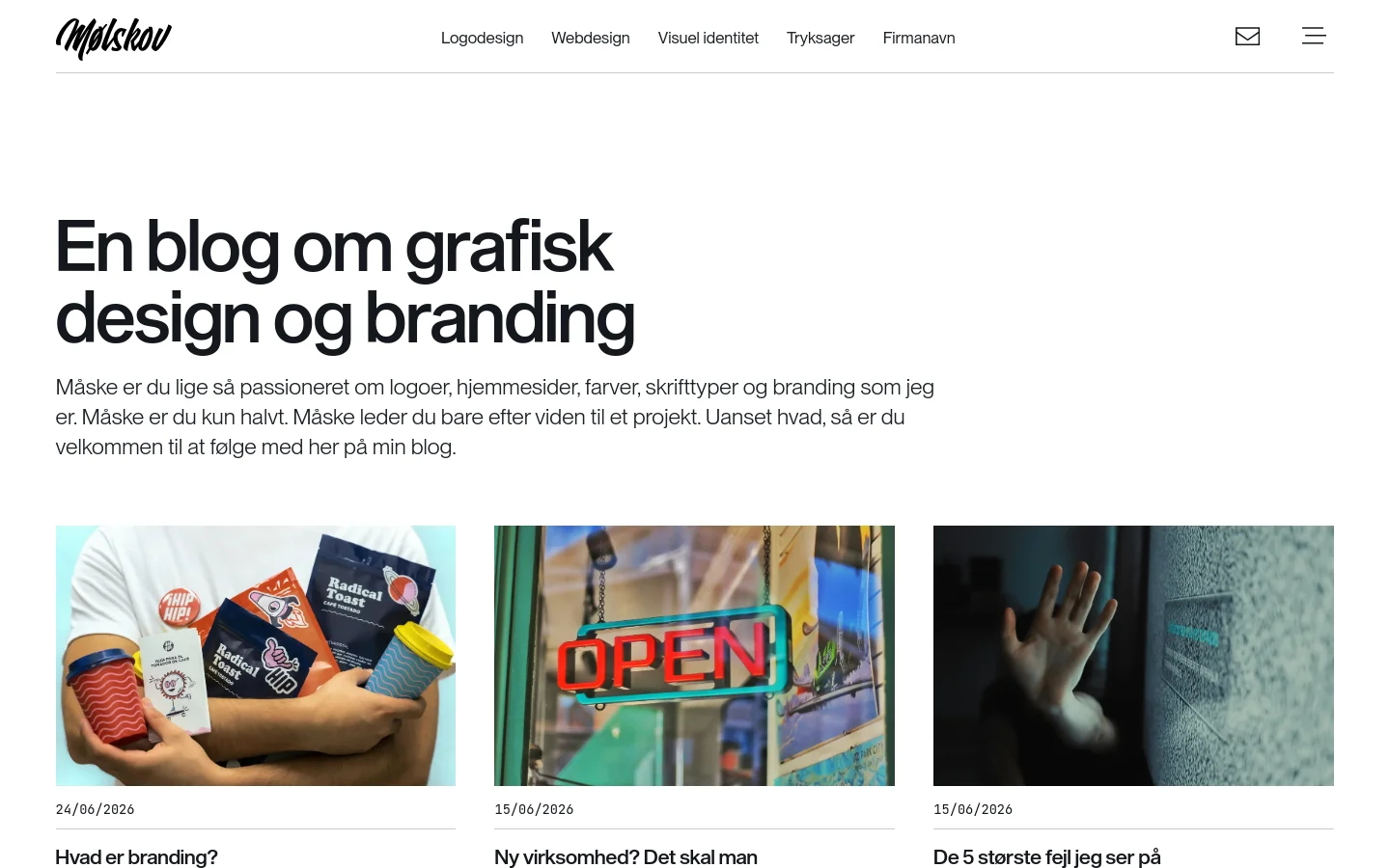 The desktop blog page features a minimalist white background with a large black headline reading 'En blog om grafisk design og branding'. Below the headline is an introductory paragraph, followed by a grid of blog posts, each containing a large featured image, a date, and a title. The navigation bar at the top includes the Mølskov logo, menu links, an email icon, and a hamburger menu icon.